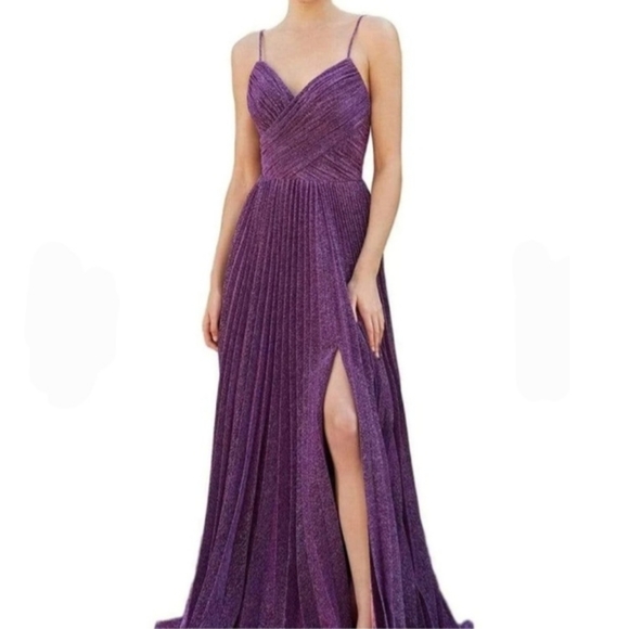 Like New! Cinderella Divine | CJ534 Long Pleated Metallic High Slit Dress - Picture 1 of 8